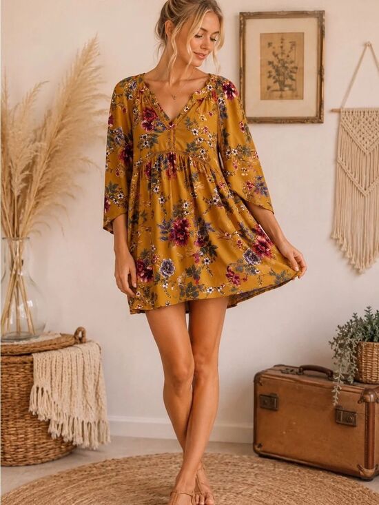 Gigio Dresses & Skirts - Gigio Boho Chic Floral V-Neck Mini Dress in Mustard - Women